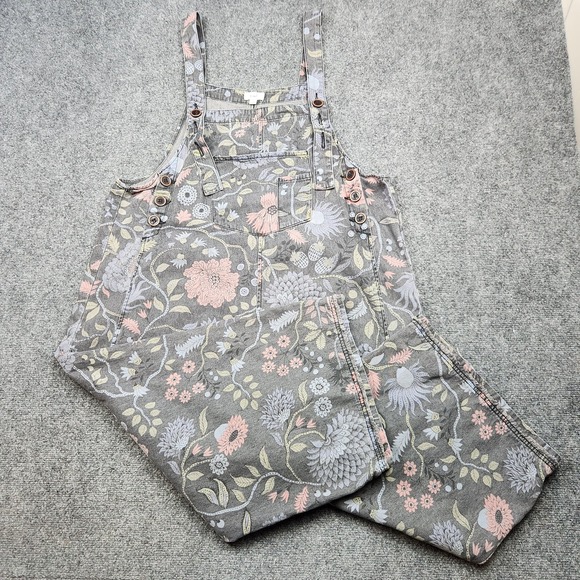 easel Pants - Easel Overalls Womens Large Gray Floral Denim Cropped Wide Leg Boho Casual